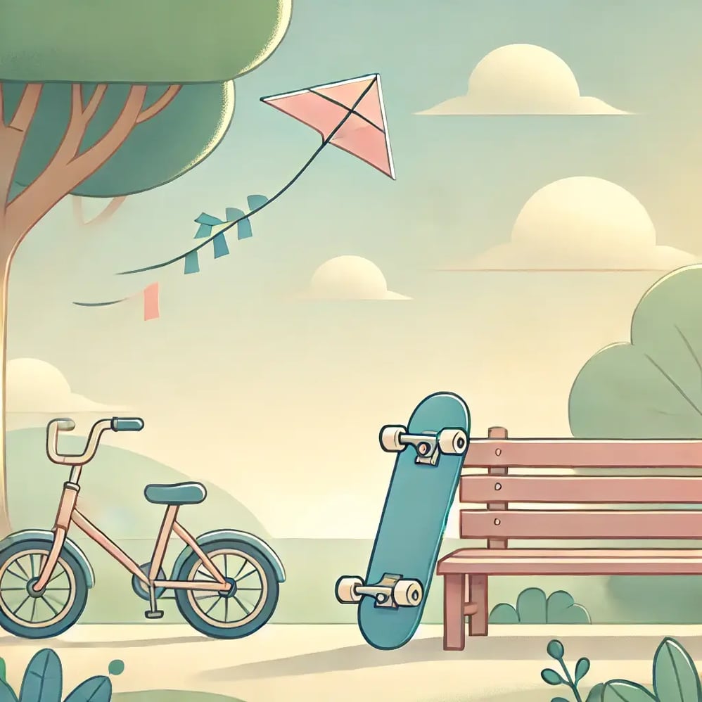 DALL·E 2025-03-14 23.06.48 - A calm and slightly muted cartoon-style illustration of youthful energy without people. The scene features a peaceful park with gentle colors, soft su